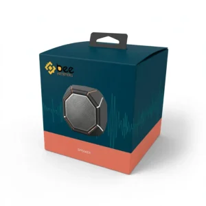 A teal box with a black carry handle, orange base and a round speaker pictured on the front with sound-wave lines presents custom speaker packaging on a white background.