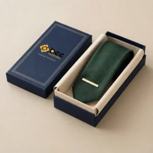 Open navy two-piece box with its lid beside it, holding a rolled dark green tie with a gold tie clip on a cream lining on a beige background, showing custom tie boxes.