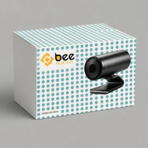 Closed white box with a teal polka dot pattern and a large black cylindrical webcam image on the front on a grey background, showing custom webcam packaging boxes.