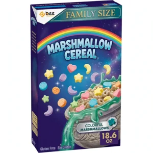 Dark purple family size cereal box with a rainbow, MARSHMALLOW CEREAL lettering, floating colorful star, heart and moon marshmallow shapes and a bowl of cereal with the Bee Printers logo at the top, showing lucky charms cereal box
